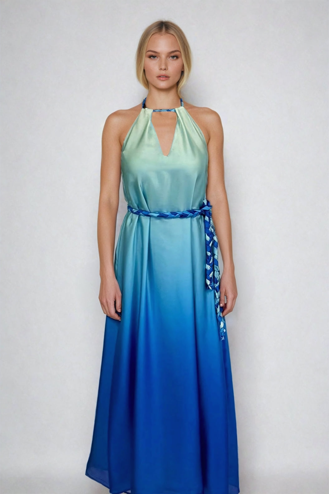 Ocean Breeze Blue Satin Maxi Dress