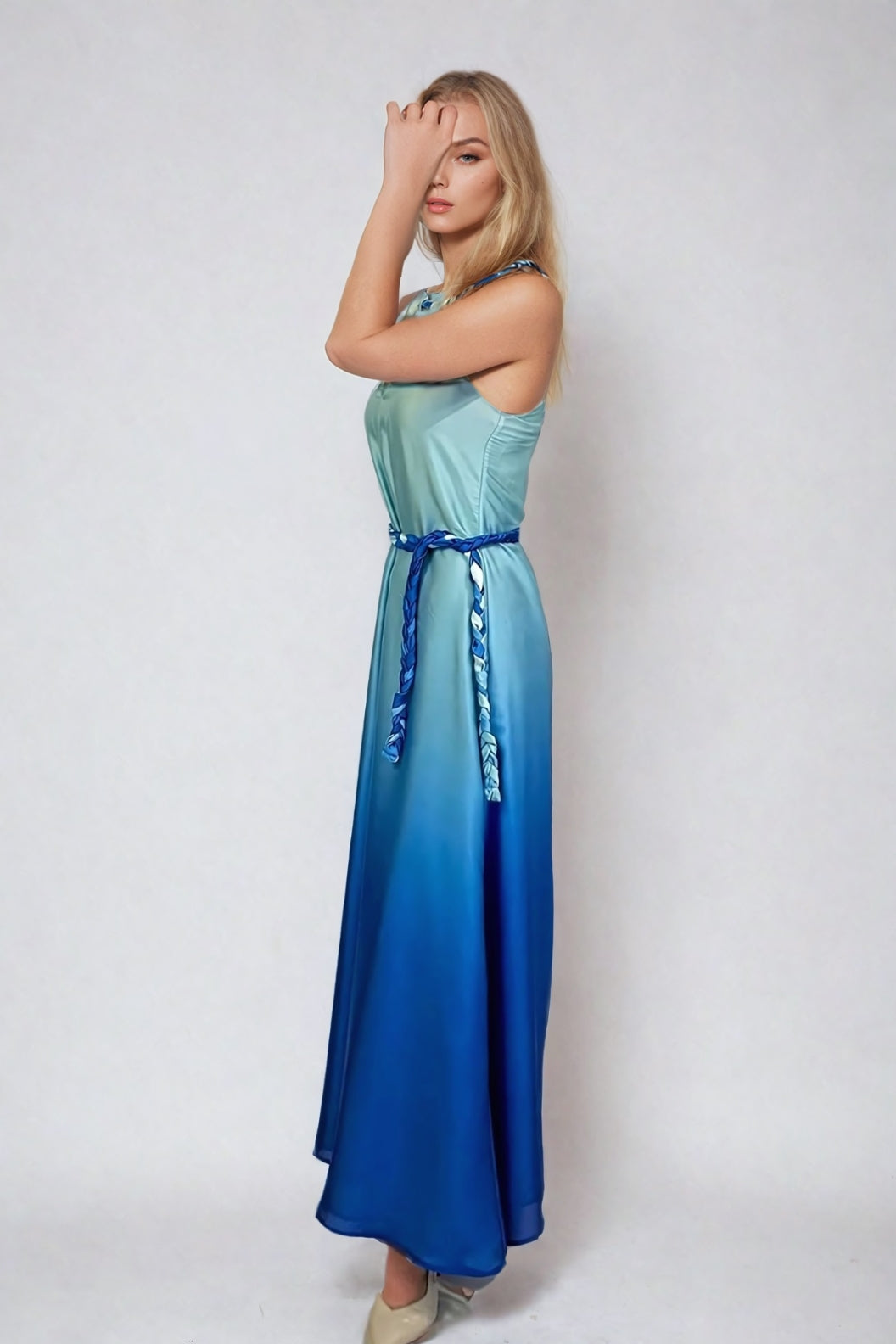 Ocean Breeze Blue Satin Maxi Dress