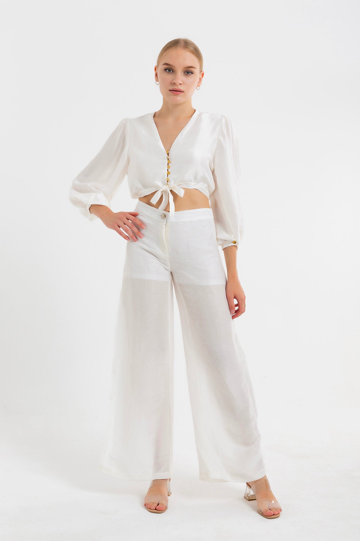 Double Slit Silk Trousers with Lacework