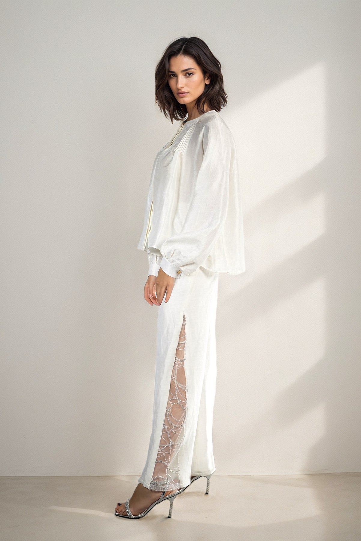 Double Slit Silk Trousers with Lacework