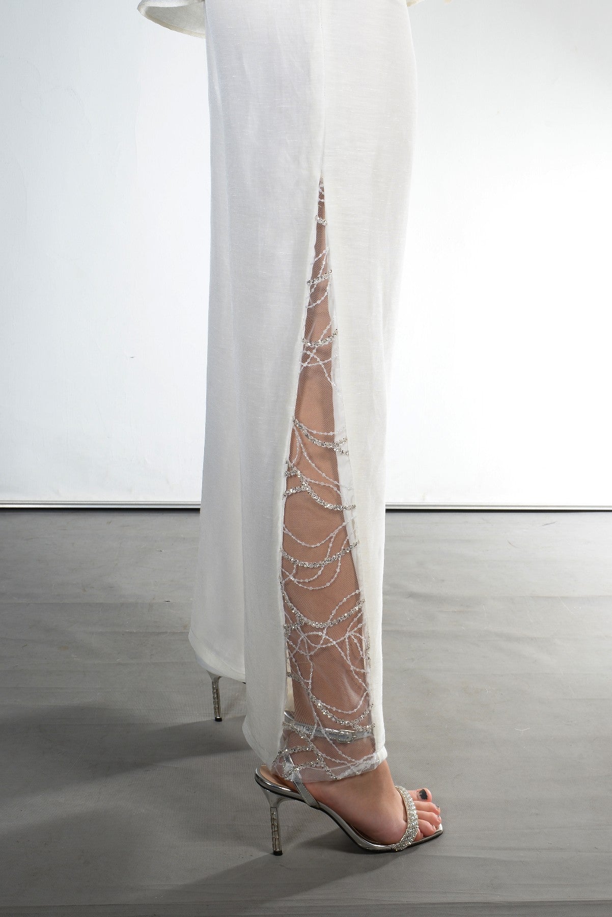 Double Slit Silk Trousers with Lacework