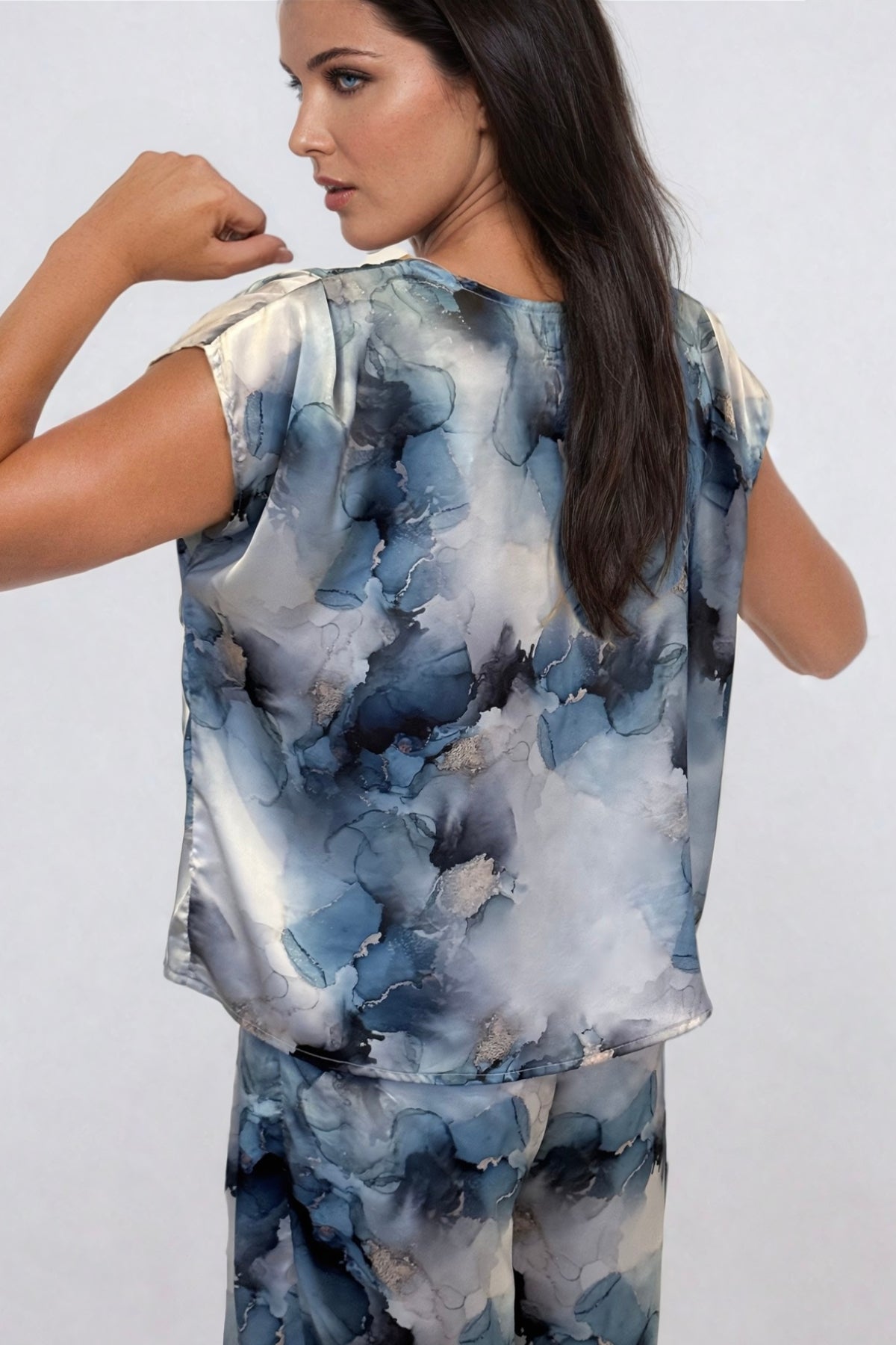 Golden Blue Floral Satin Blouse