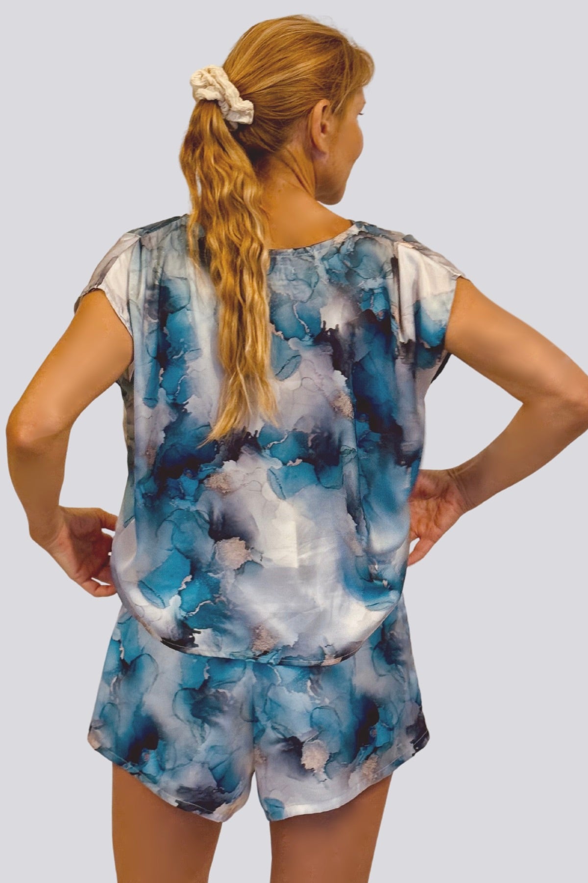 Golden Blue Floral Satin Blouse